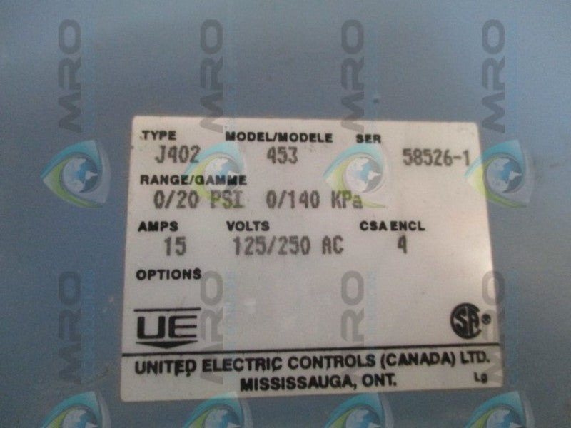 UNITED ELECTRIC J402-453 PRESSURE SWITCH 0-20 PSI 0-140 KPA UNMP