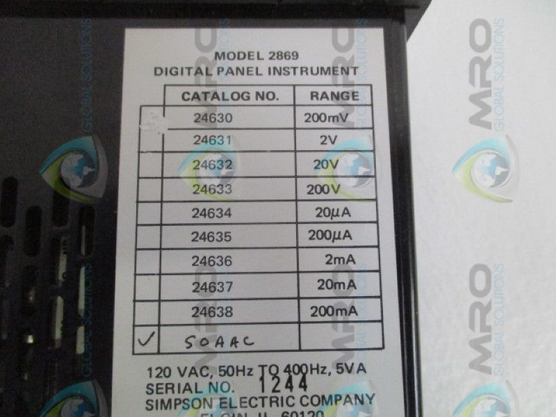 SIMPSON 2869 DIGITAL PANEL INSTRUMENT 50 AAC UNMP