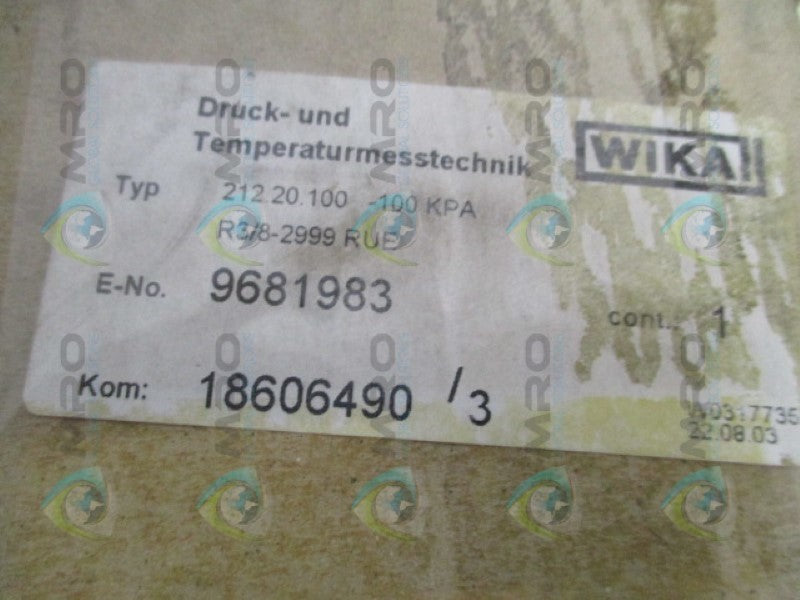 WIKA 212.20.100 PRESSURE GAUGE -100 KPA NSMP