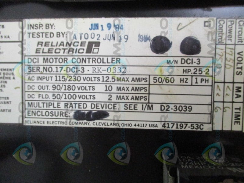 RELIANCE ELECTRIC DCI-3 MOTOR CONTROLLER UNMP