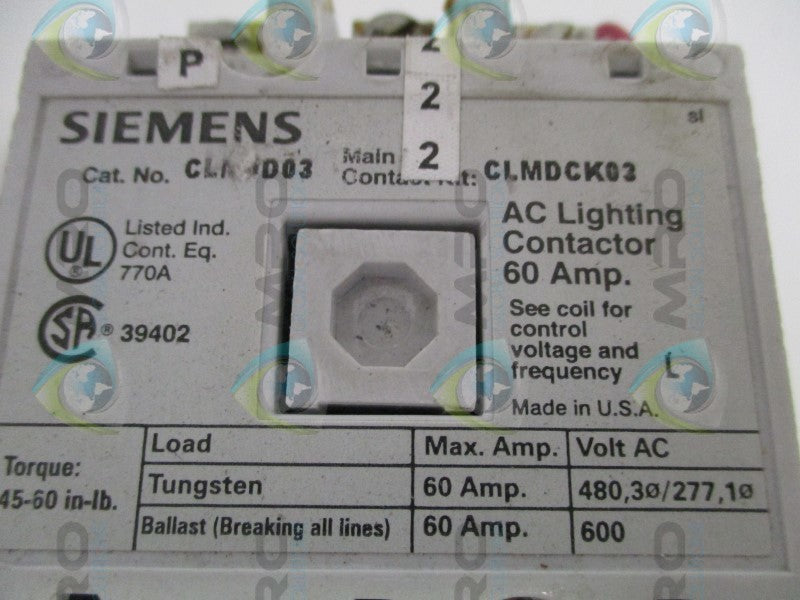 SIEMENS CLM0C03 AC LIGHTING CONTACTOR (AS PICTURED) UNMP