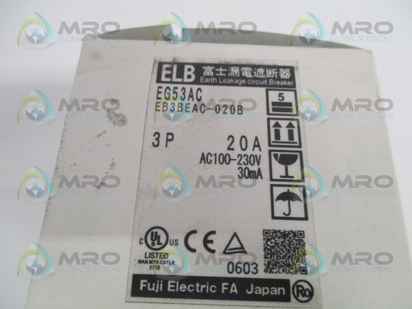 FUJI ELECTRIC EG53AC EB3BEAC-020B EARTH LEAKAGE CIRCUIT BREAKER 20A NSMP