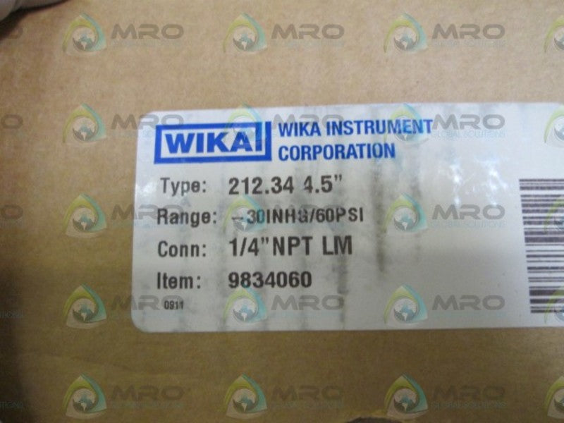 WIKA GAUGE 212.34 4.5" -30INHG/60PSI 1/4" NPT LM 9834060 NSMP
