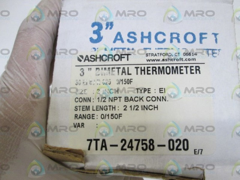 ASHCROFT 30EI60R025-0/150F BIMETAL THERMOMETER 2-1/2" STEM  NSMP