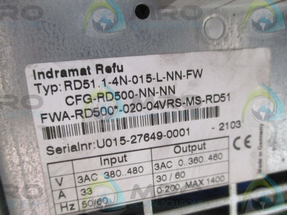 REXROTH INDRAMAT RD51.1-4N-015-L-NN-FW-CFG-RD500-NN-NN SERVO DRIVE * USED *