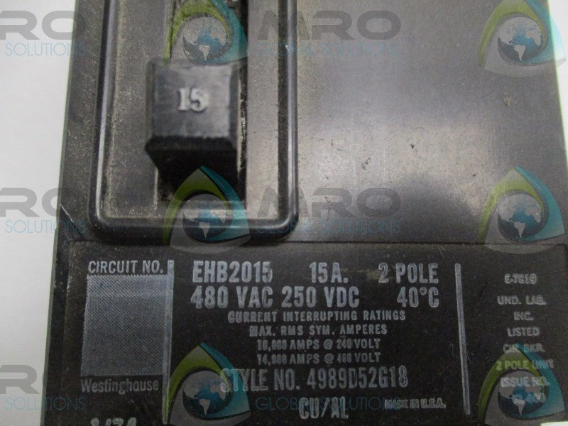 WESTINGHOUSE EHB2015 CIRCUIT BREAKER 15A (AS PICTURED)  UNMP