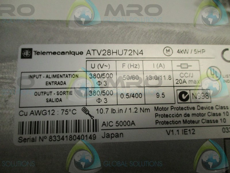 TELEMECANIQUE ALTIVAR 28 ATV28HU72N4 AC SPEED DRIVE 5HP  NSMP
