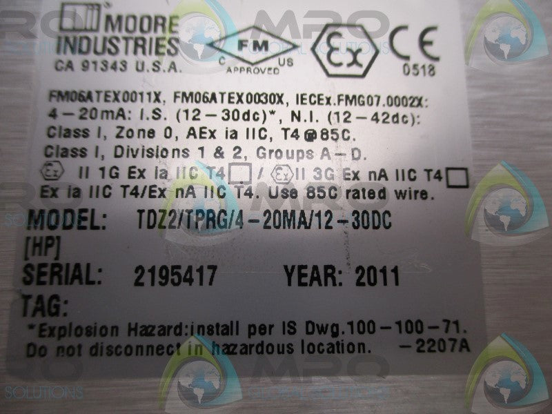 MOORE INDUSTRIES TDZ2/TPRG/4-20MA/12-30DC TEMP. TRANSMITTER  NSNP