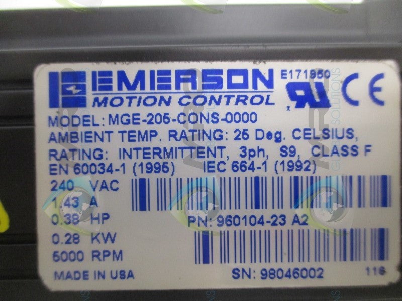 EMERSON MGE-205-CONS-0000 960104-23 SERVO MOTOR RPM: 5000  UNMP