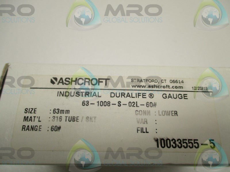 ASHCROFT 63-1008-S-02L-60# PRESSURE GAUGE 0-60PSI  NSMP