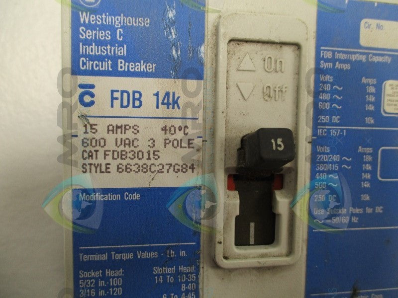 WESTINGHOUSE FDB3015 CIRCUIT BREAKER 15A  UNMP