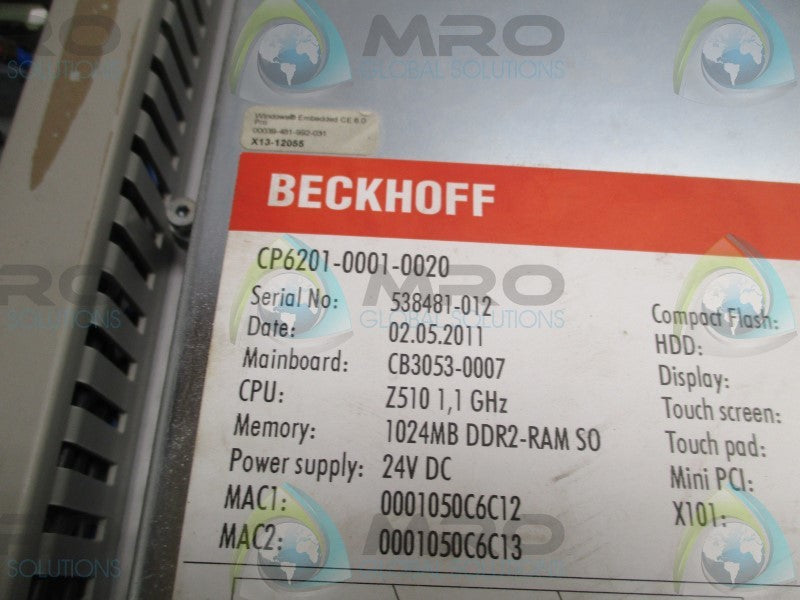 BECKHOFF CP6201-0001-0020 TOUCH DISPLAY W/ ACCESSORIES (AS PICTURED)  UNMP