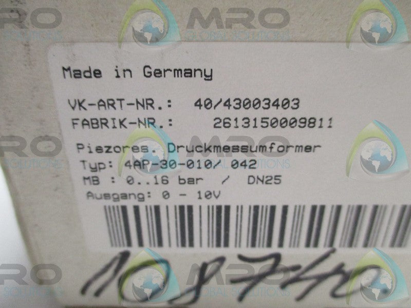 JUMO 4AP-30-010/042 PRESSURE TRANSMITTER 0-16/BAR  NSMP
