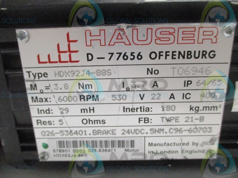 HAUSER HDX92J4-88S SERVO MOTOR RPM:6000  UNMP