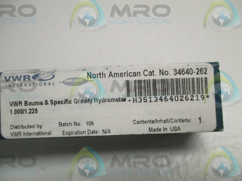 VWR 34640-262 GRAVITY HYDROMETER 1.000/1.225  NSMP