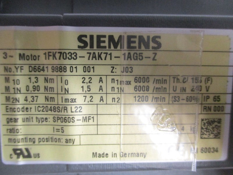 SIEMENS 1FK7033-7AK71-1AG5-Z SERVO MOTOR  NSNP