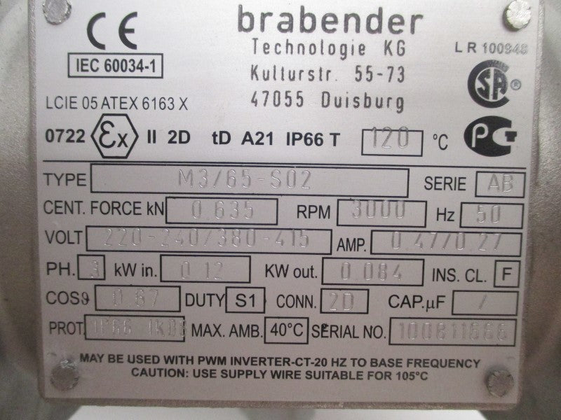 BRANBENDER M3/65-S02 VIBRATORY MOTOR RPM:3000  UNMP