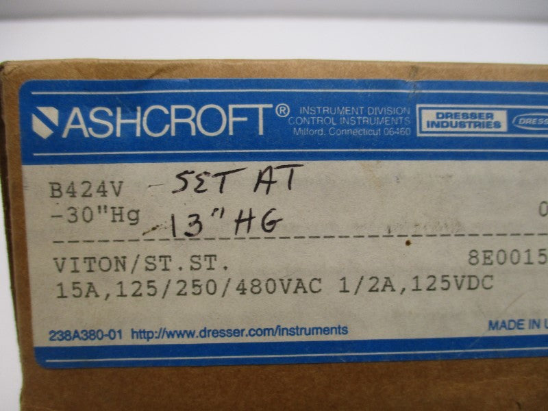 ASHCROFT B424V PRESSURE SWITCH SET AT -13"Hg  NSMP