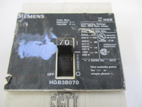 SIEMENS HGB3B070 CIRCUIT BREAKER 70A 347V  UNMP