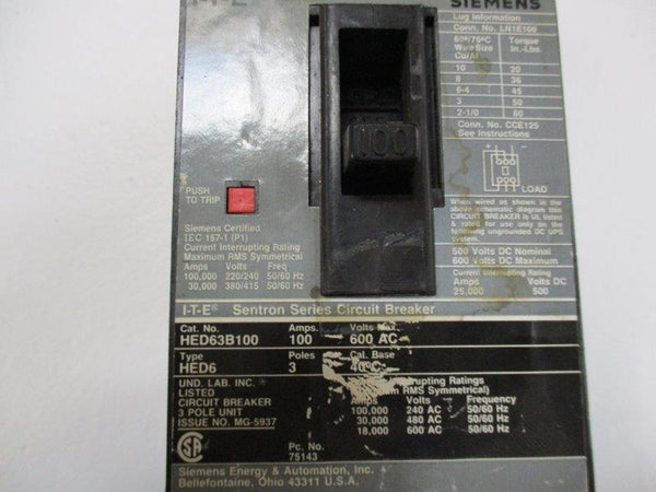 SIEMENS HED63B100 CIRCUIT BREAKER 100A 600VAC  UNMP