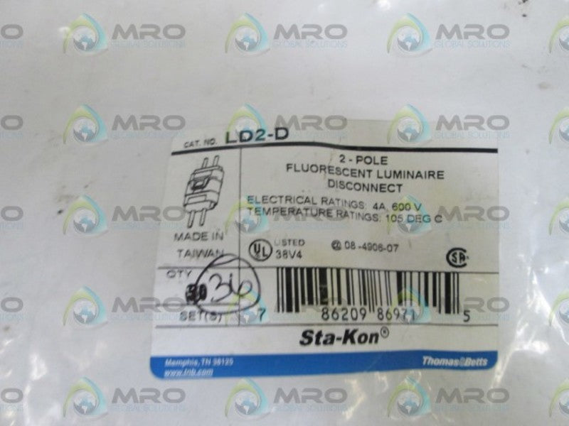 LOT OF 36 THOMAS & BETTS LUMINAIRE DISCONNECT LD2-D NSNP IN BAG