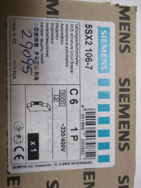 SIEMENS 5SX2-106-7 CIRCUIT BREAKER 6A 230/400V NSMP
