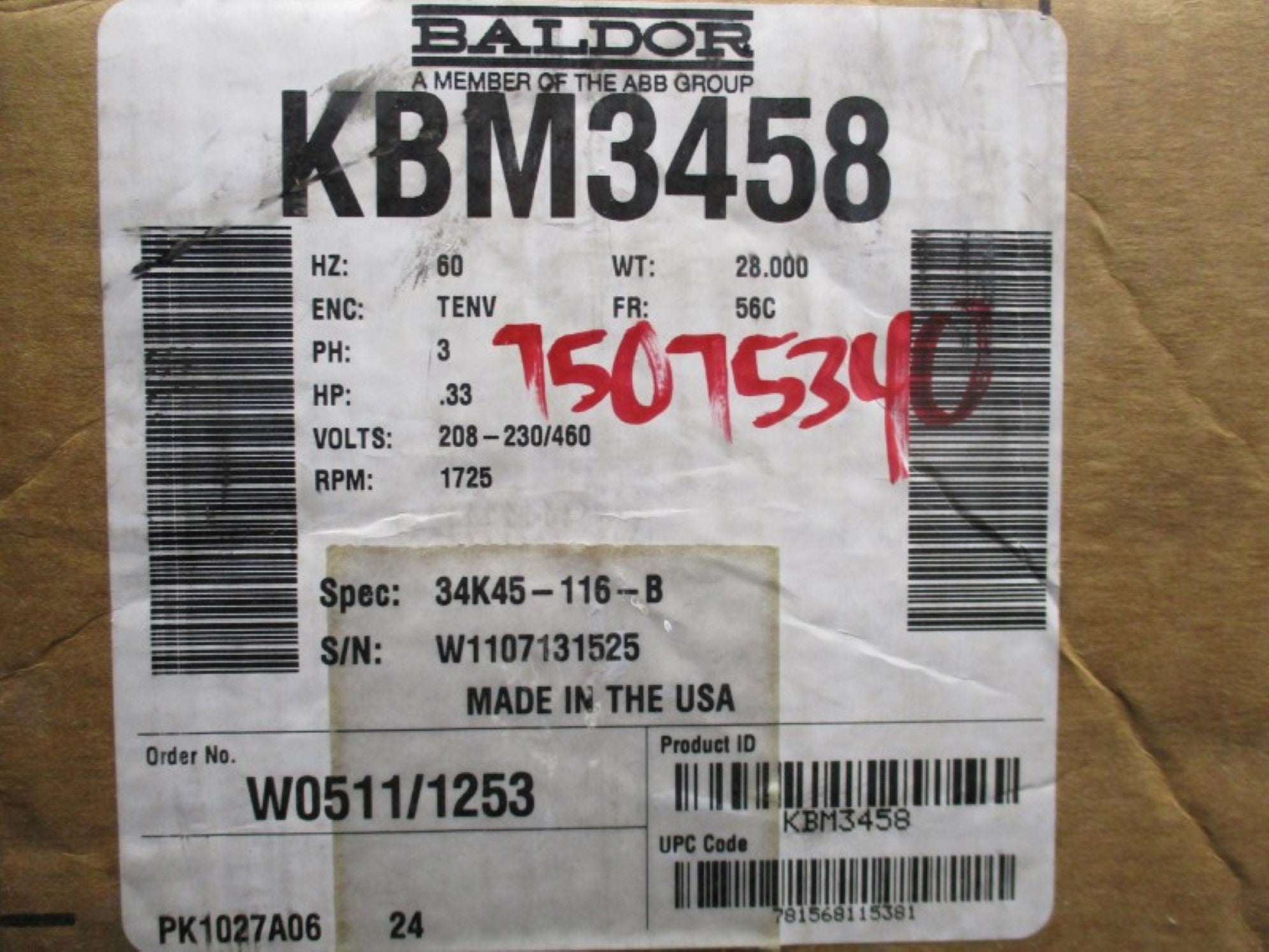 BALDOR KBM3458 104816101BP 95-230V 4.3/.3A NSMP