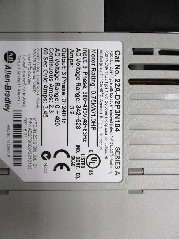 ALLEN BRADLEY 22A-D2P3N104 SER. A F/W 6.01 342-528VAC 3.2A NSNP