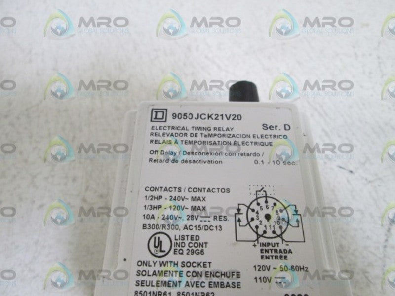 SQUARE D ELECTRICAL TIMING RELAY 9050JCK21V20 UNMP