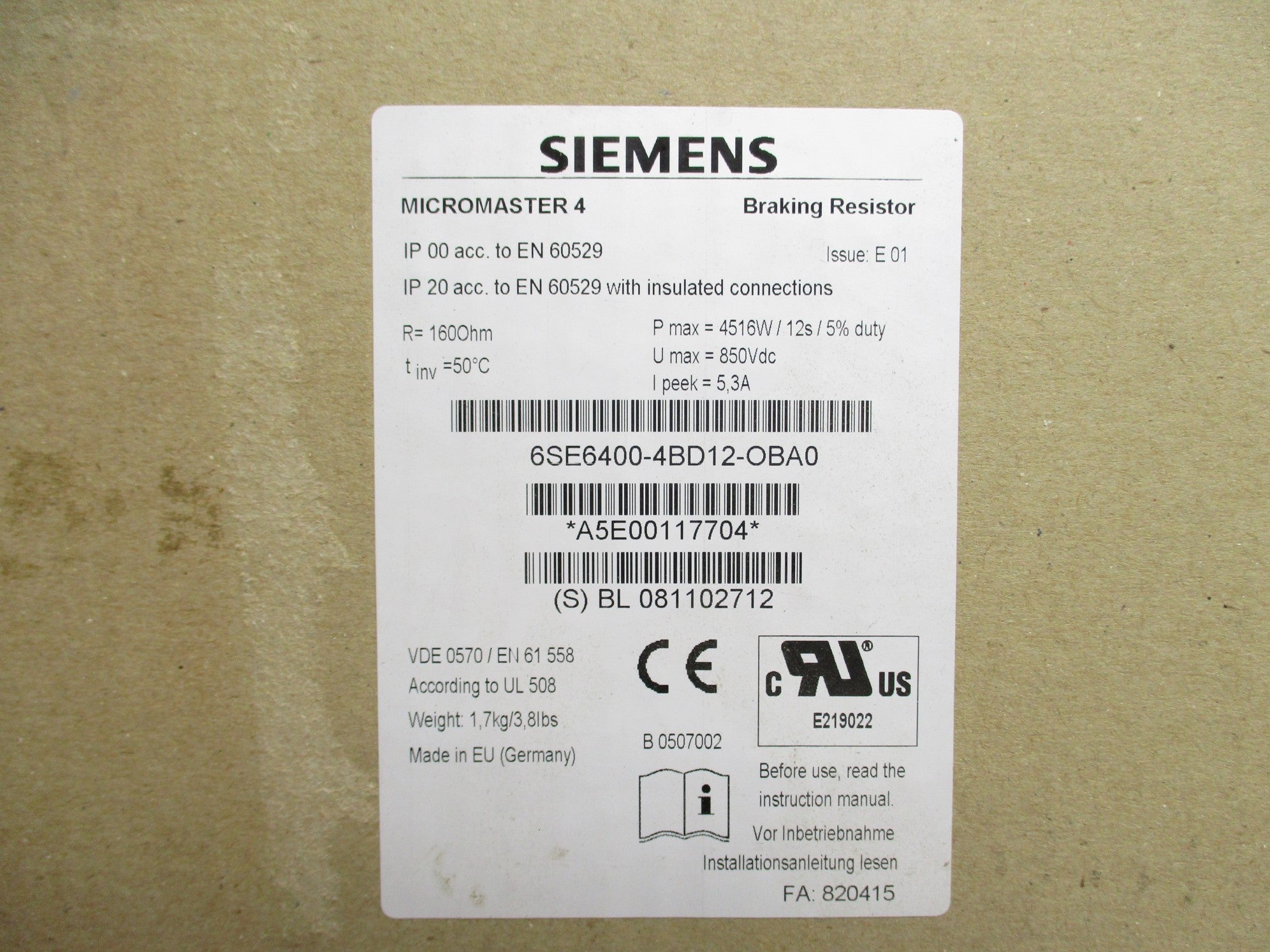 SIEMENS 6SE6400-4BD12-0BA0 NSMP