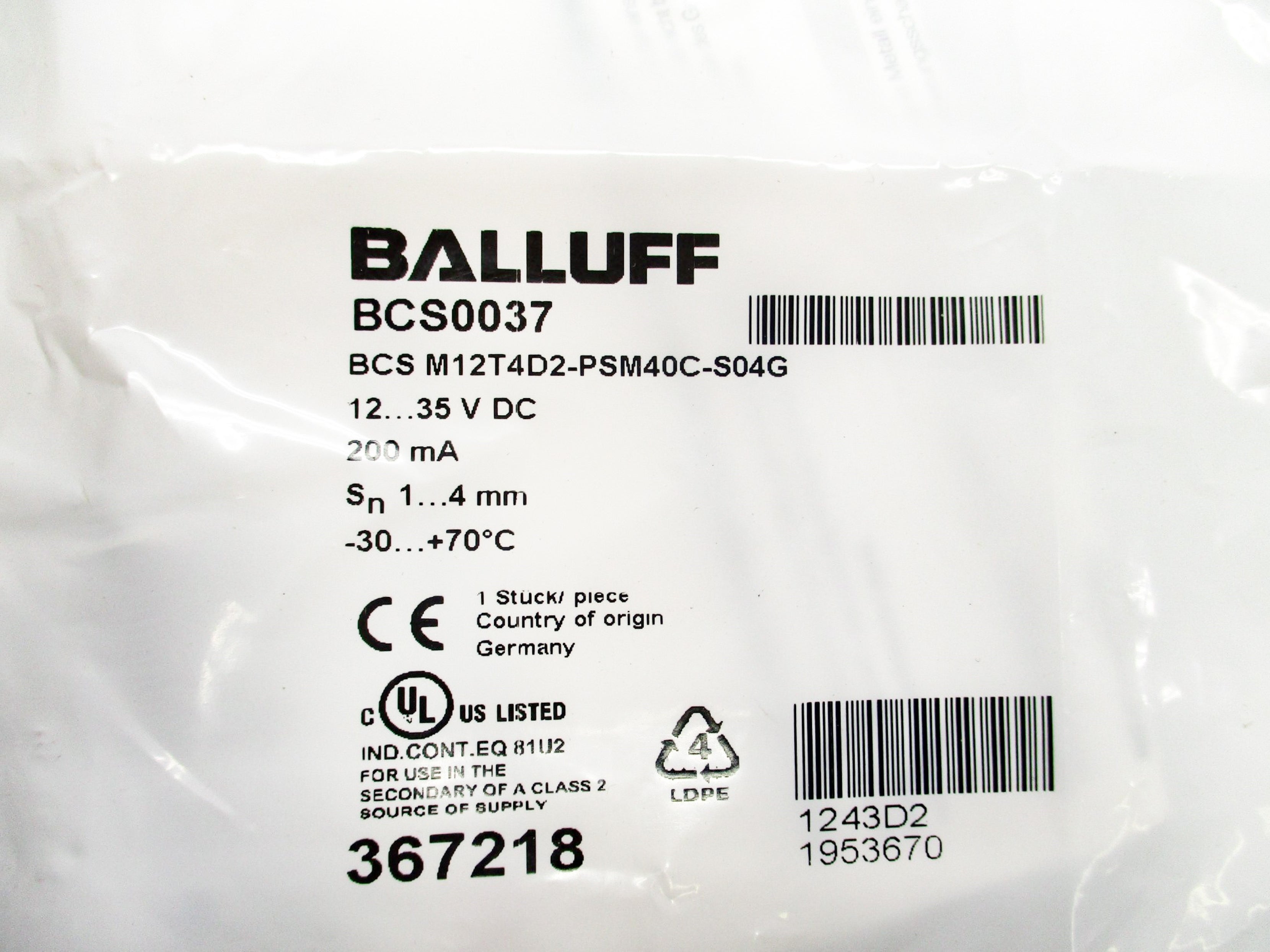 BALLUFF BCSM12T4D2-PSM40C-S04G BCS0037 12-35VDC NSMP