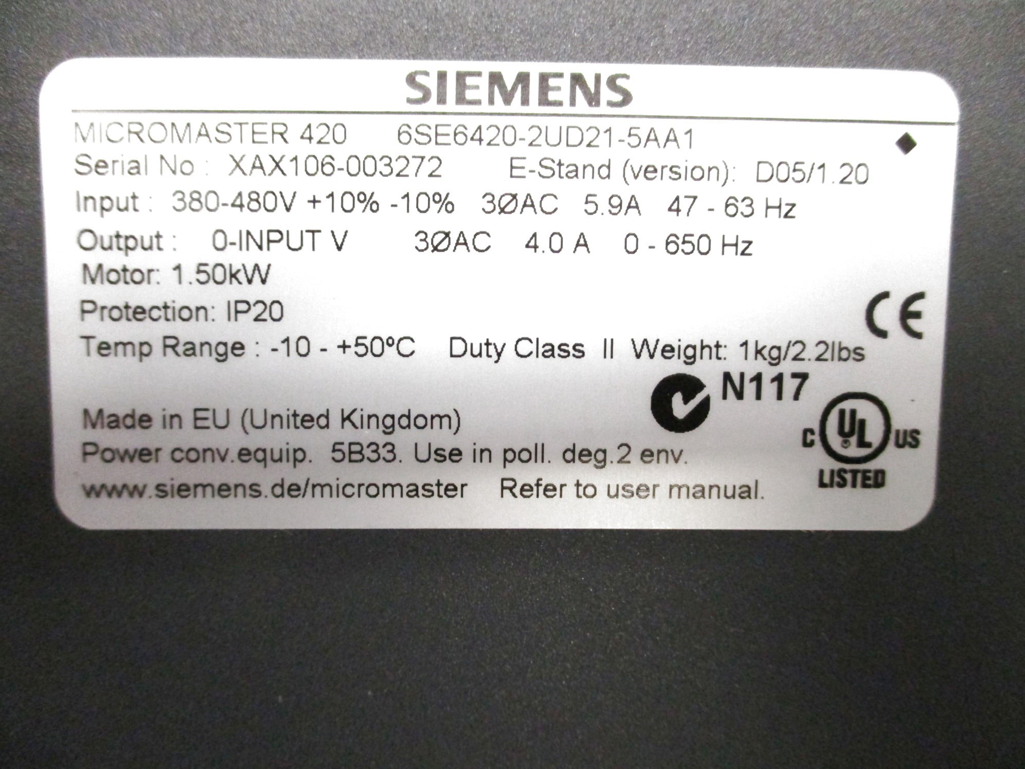 SIEMENS 6SE6420-2UD21-5AA1 380-480V 5.9A NSMP