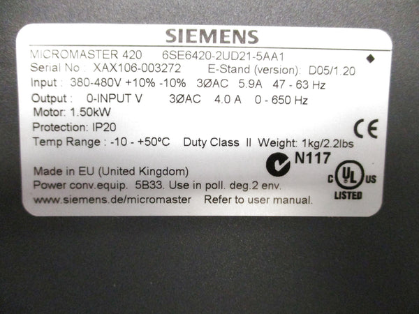 SIEMENS 6SE6420-2UD21-5AA1 380-480V 5.9A NSMP