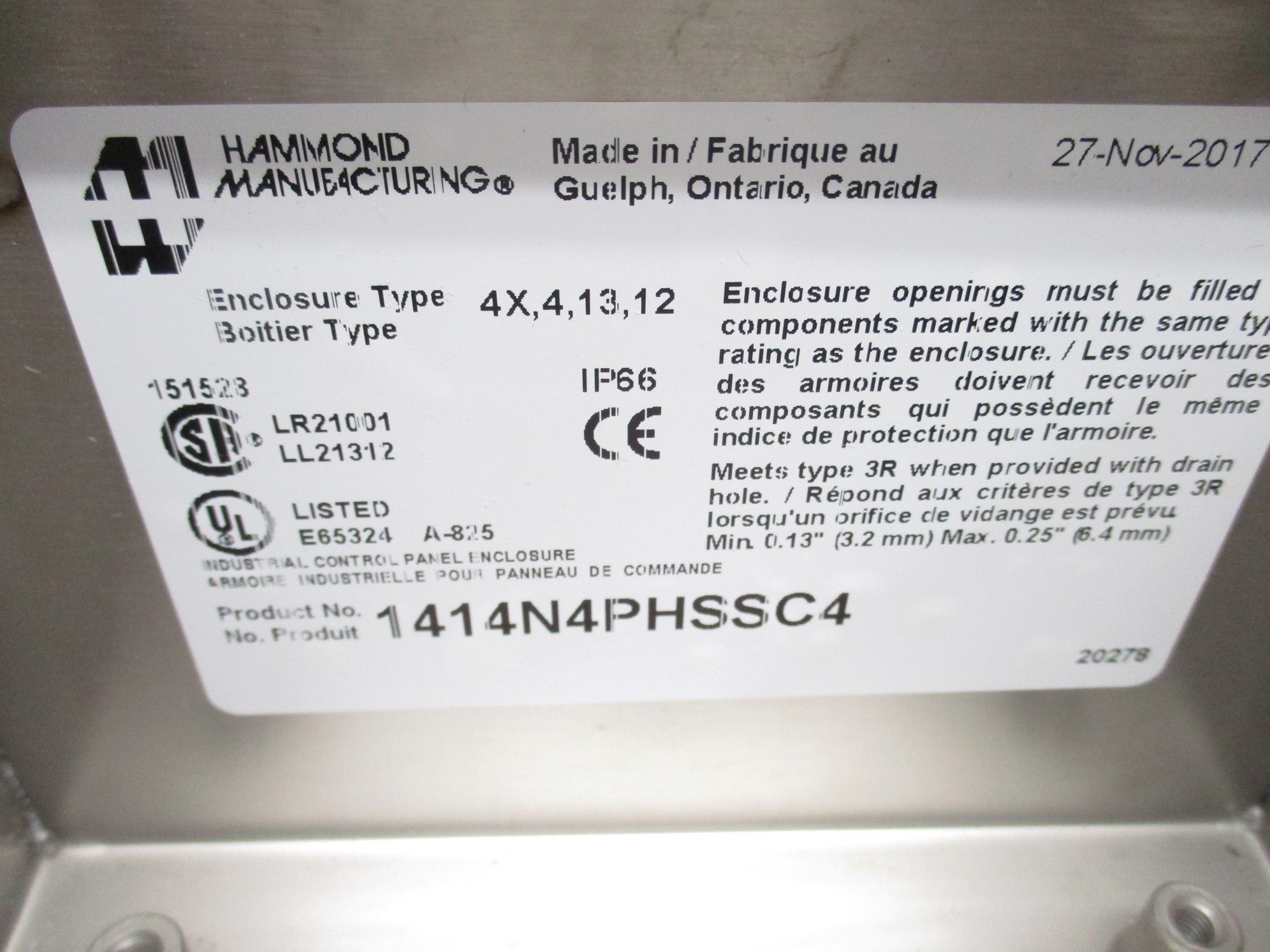 HAMMOND MANUFACTURING 1414N4PHSSC4 NSMP