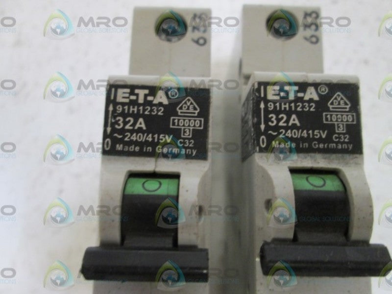 LOT OF 2 E-T-A CIRCUIT BREAKER 32A 91H1232 UNMP