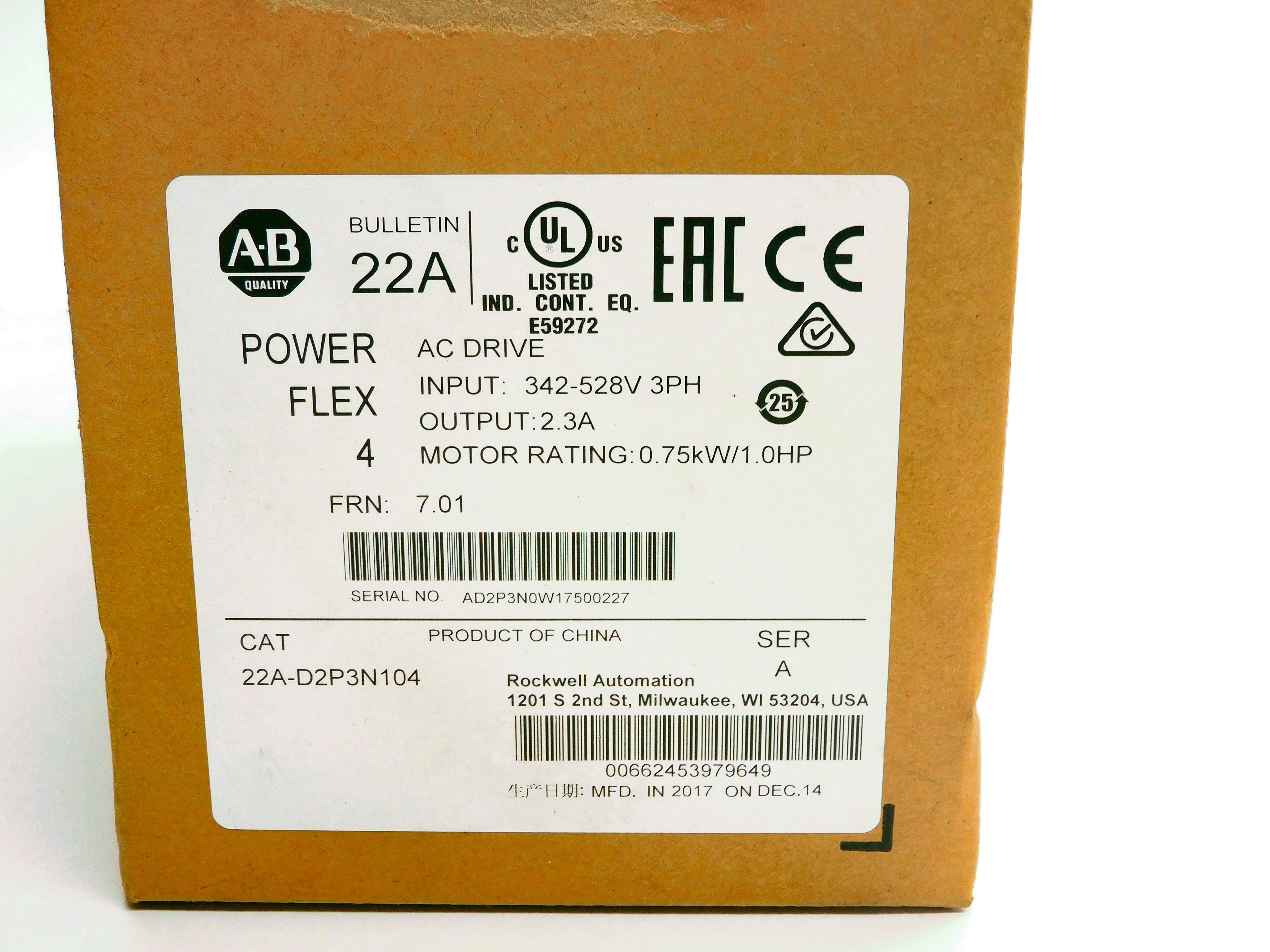 ALLEN BRADLEY 22A-D2P3N104 SER. A 380-480VAC 2.3A F/W 7.01 NSMP