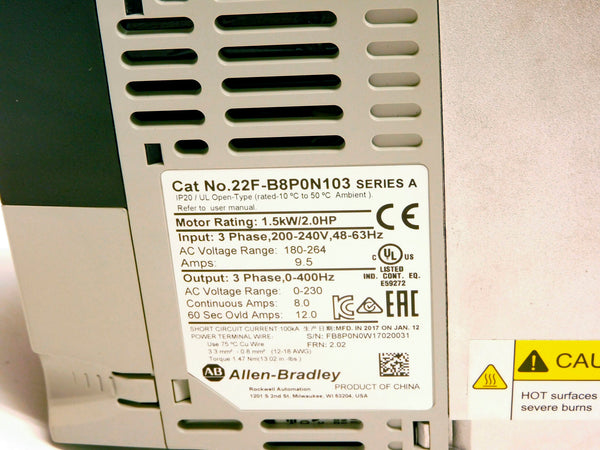 ALLEN BRADLEY 22F-B8P0N103 SER. A F/W 2.02 180-264V 9.5A NSMP