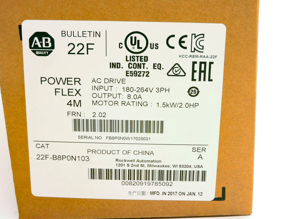 ALLEN BRADLEY 22F-B8P0N103 SER. A F/W 2.02 180-264V 9.5A NSMP