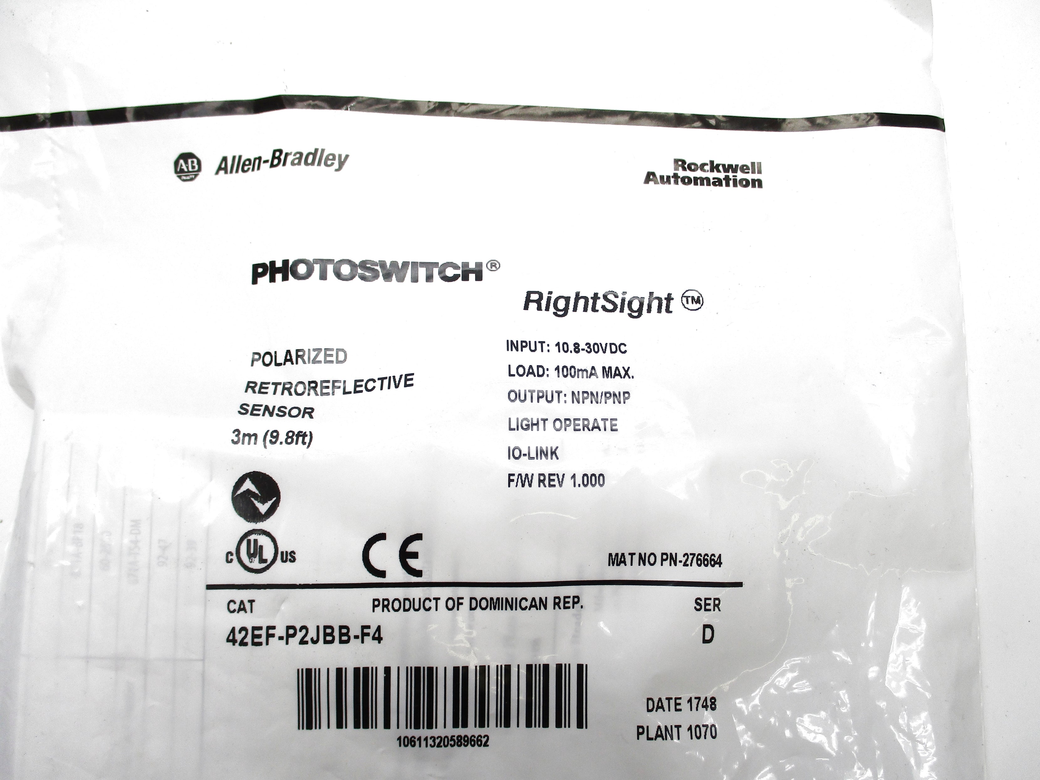 ALLEN BRADLEY 42EF-P2JBB-F4 SER. D F/W 1.000 10.8-30VDC NSMP