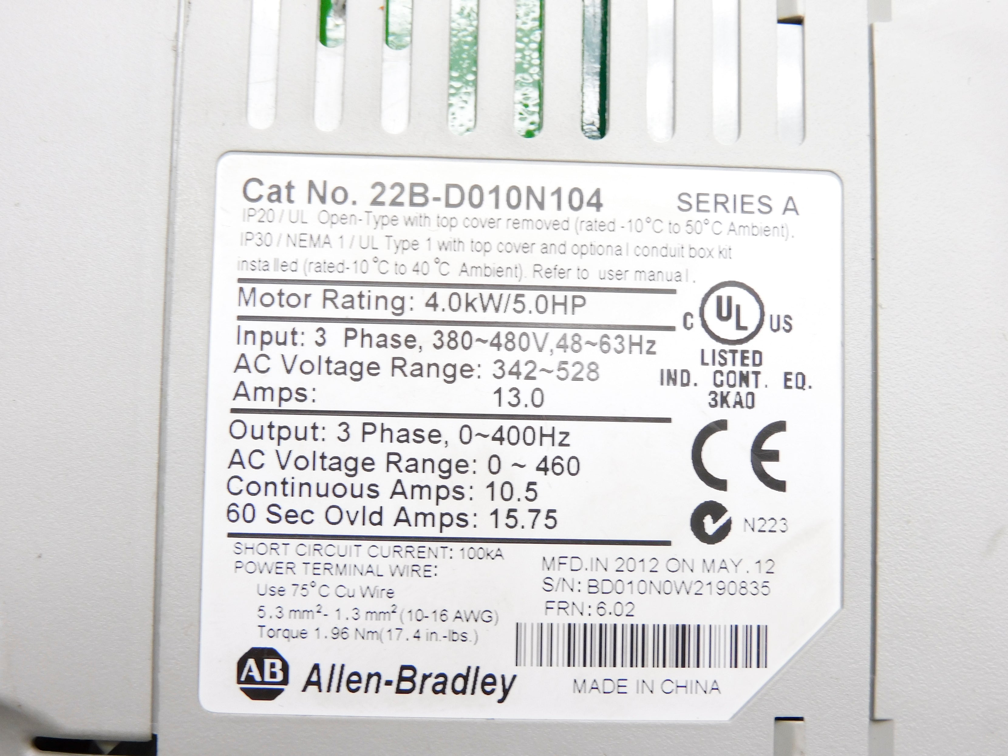 ALLEN BRADLEY 22B-D010N104 SER. A F/W 6.02 342-528VAC 13.0A UNMP