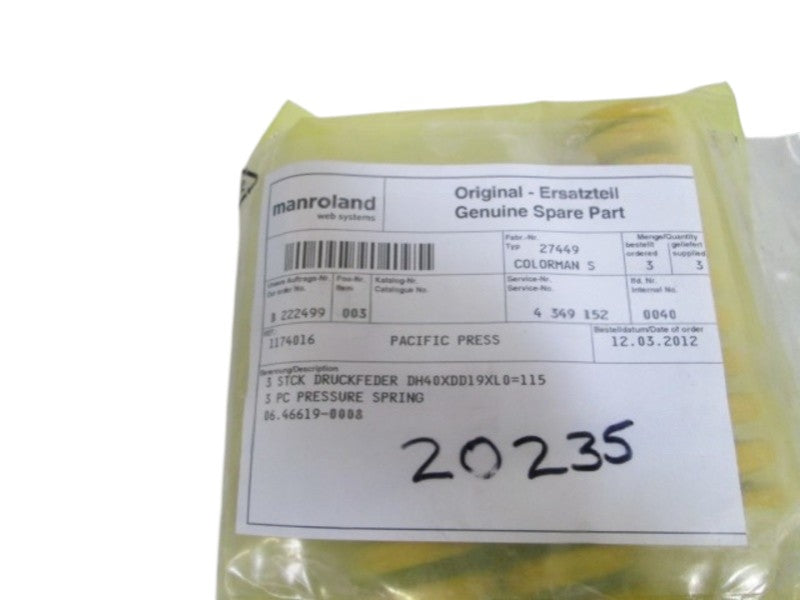 LOT OF 3 COLORMAN PRESSURE SPRING 06.46619-0008 NSNP IN BAG