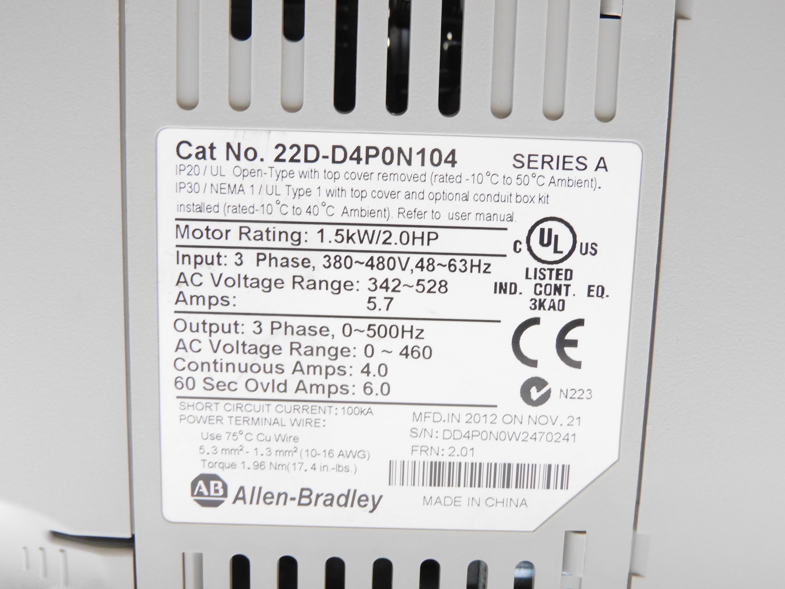 ALLEN BRADLEY 22D-D4P0N104 SER. A F/W 2.01 342-528VAC 5.7A NSMP