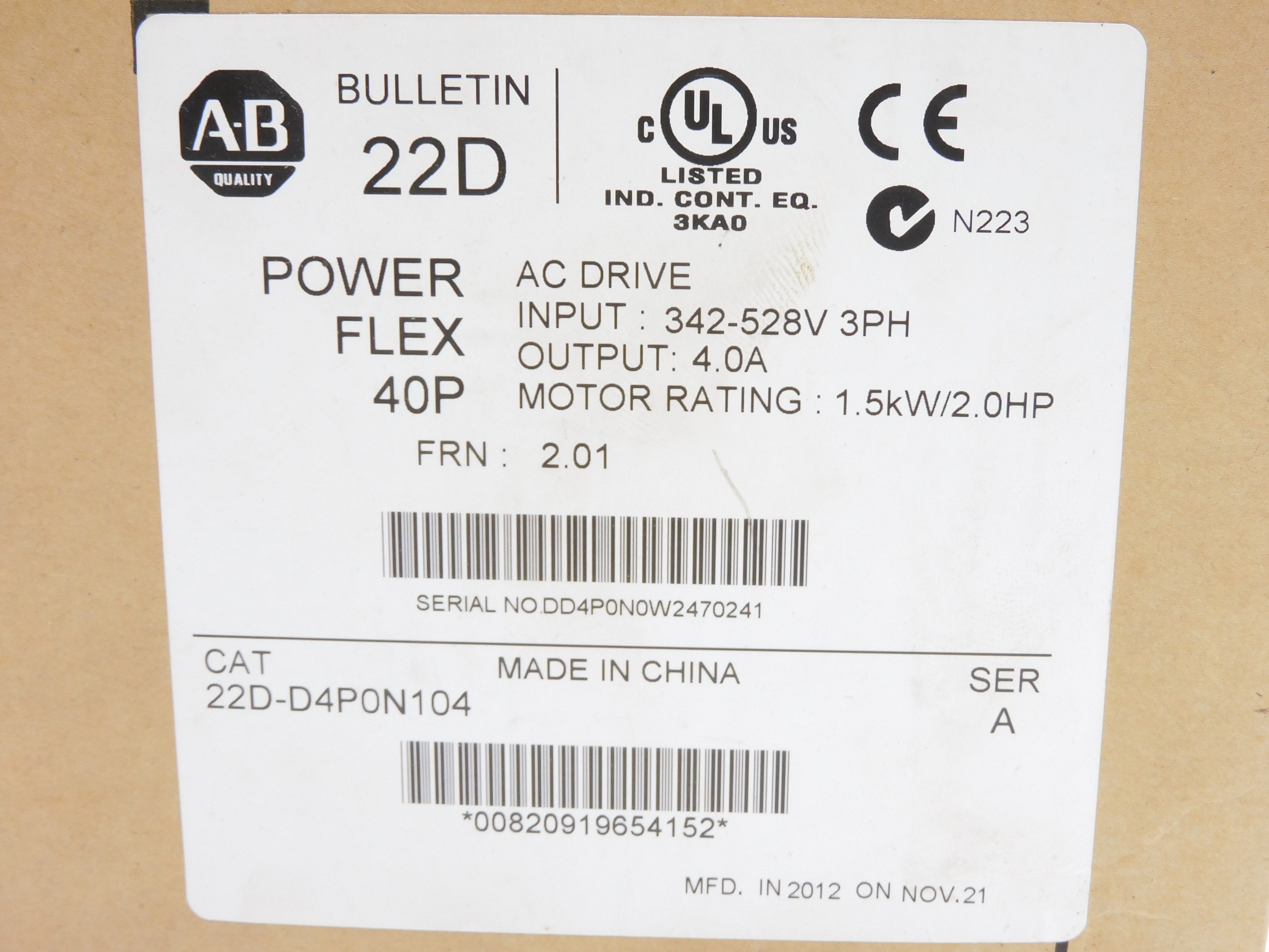 ALLEN BRADLEY 22D-D4P0N104 SER. A F/W 2.01 342-528VAC 5.7A NSMP