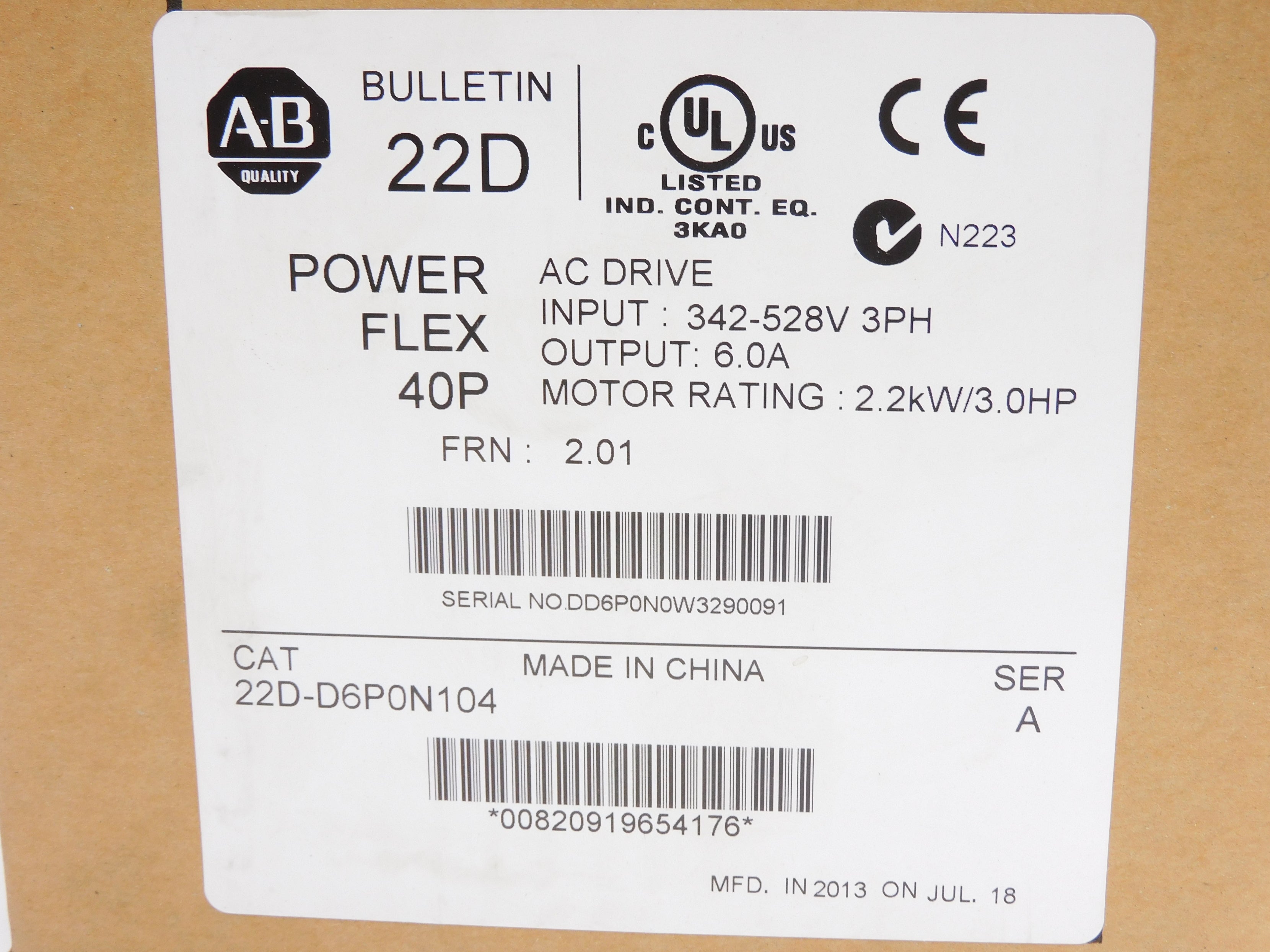 INDUSTRIAL SPARE PART 22D-D6P0N104 SER. A F/W 2.01 342-528VAC 6.0A NSMP