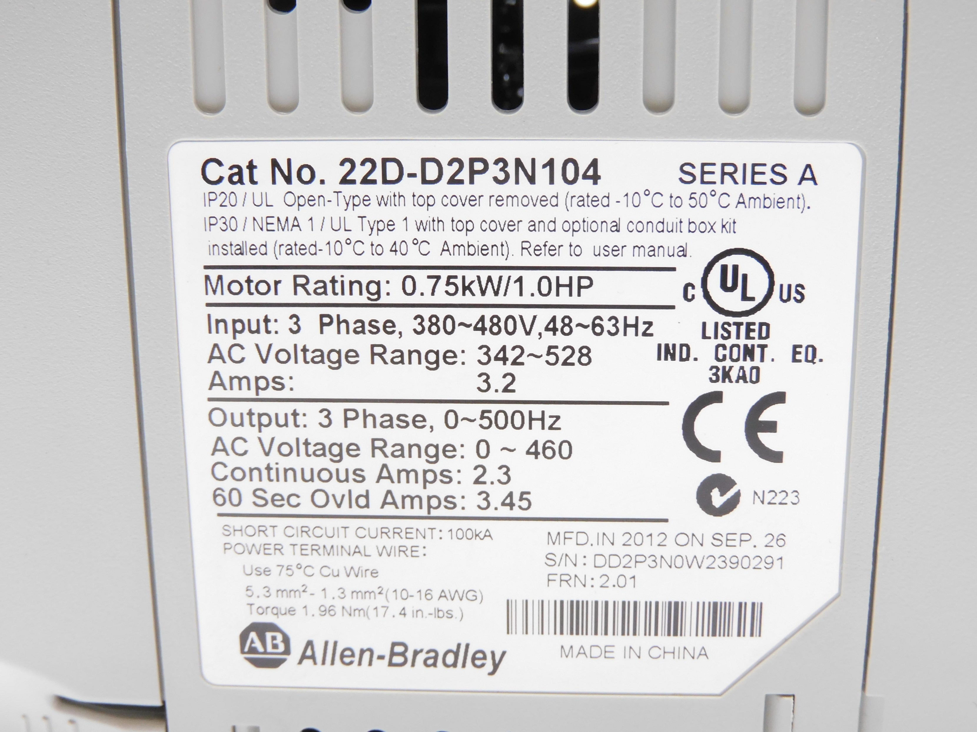 ALLEN BRADLEY 22D-D2P3N104 SER. A F/W 2.01 342-528VAC 3.2A NSMP