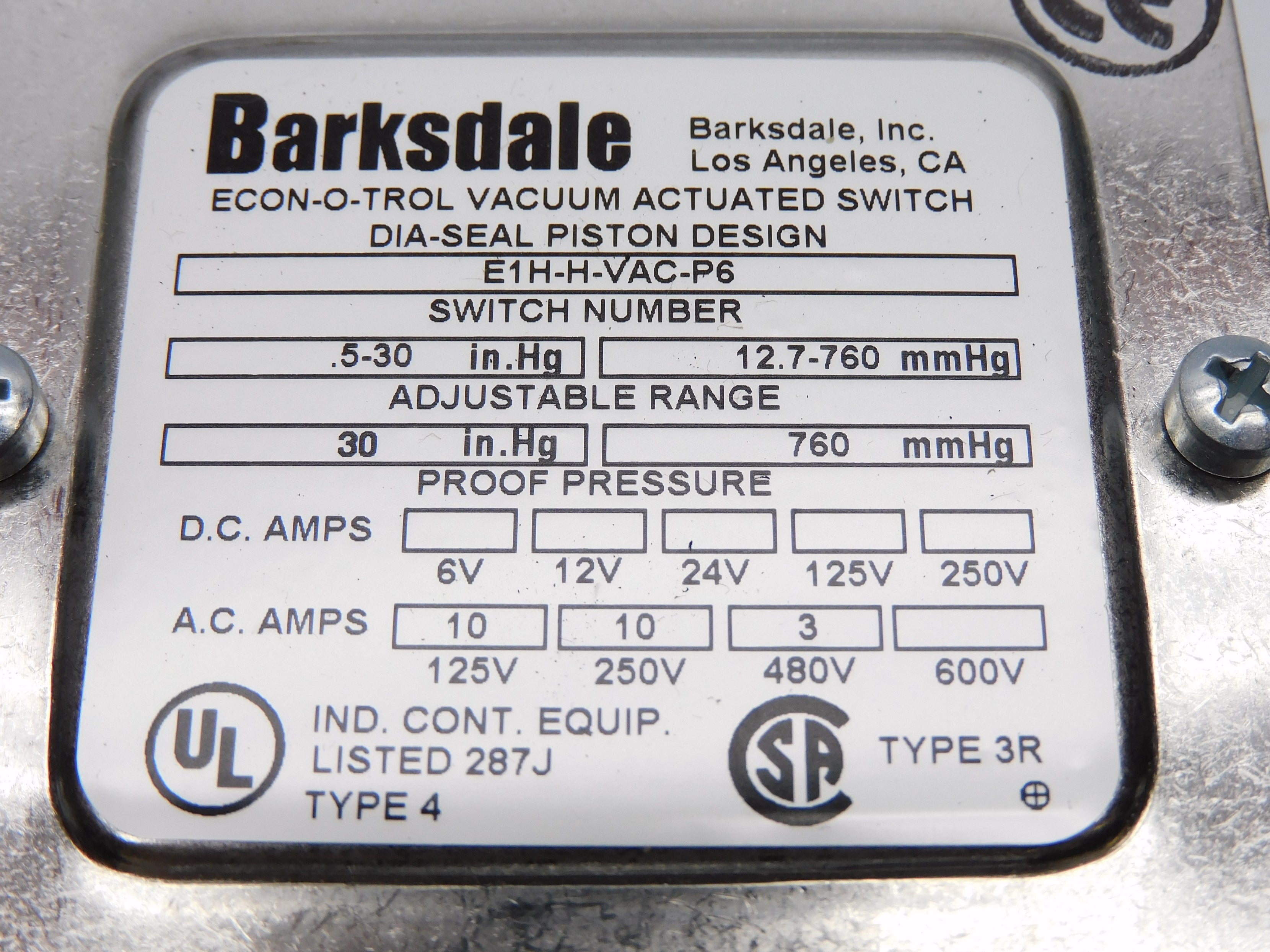BARKSDALE E1H-H-VAC-P6 480VAC 3A .5-30INHG NSMP