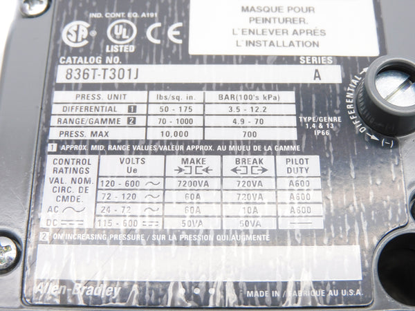 ALLEN BRADLEY 836T-T301J SER. A 120-600V 60A 70-1000PSI (BR/WH) NSMP