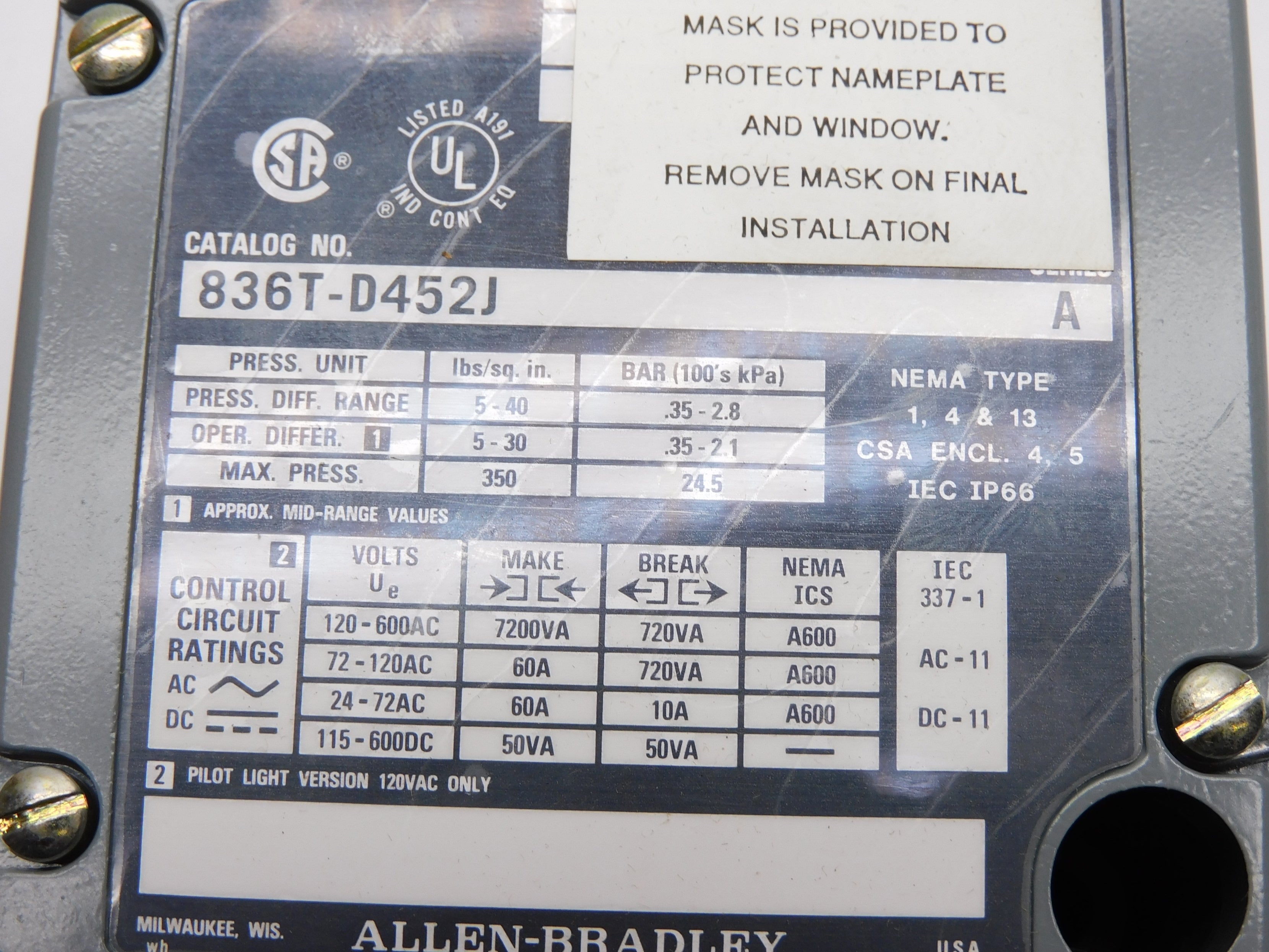 ALLEN BRADLEY 836T-D452J SER. A (BR/YL) NSMP