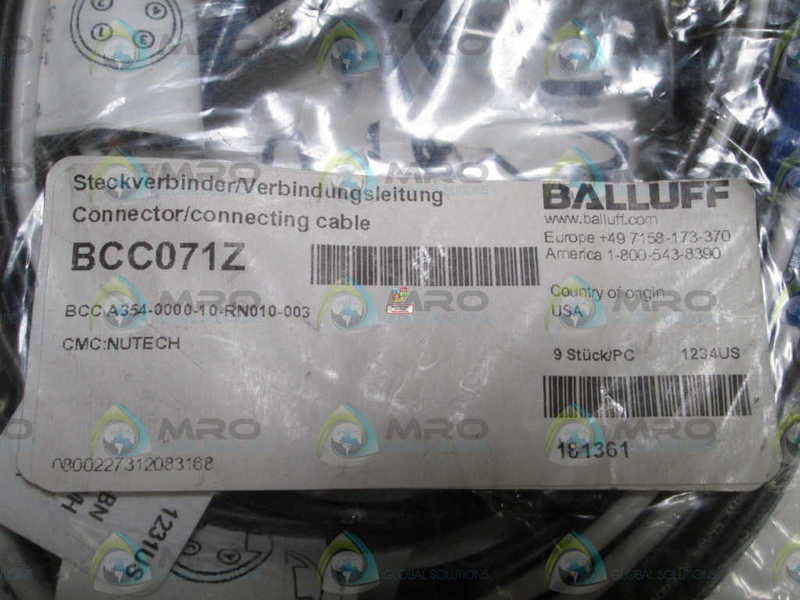 LOT OF 9 BALLUFF CONNECTOR BCC071Z (OPEN BAG) NSNP IN BAG