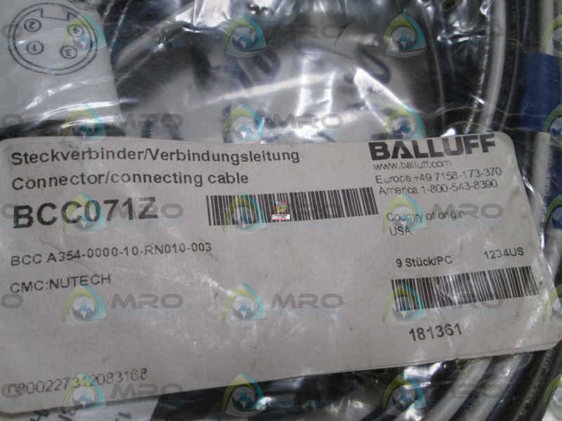 LOT OF 9 BALLUFF CONNECTOR BCC071Z (OPEN BAG) NSNP IN BAG